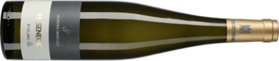 White wine bottle lying on its side with a dark label and gold neck foil.
