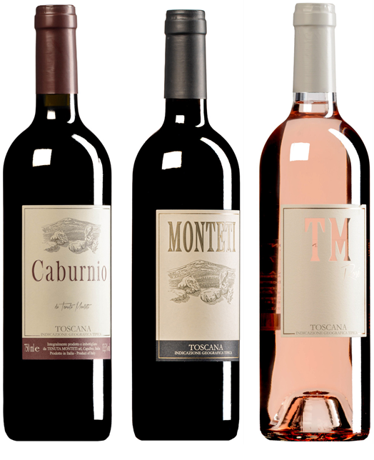 Three wine bottles in a row: two dark red bottles with tan labels reading Caburnio and MONTEI; a pale rosé bottle on the right with a light label reading TM Toscano.